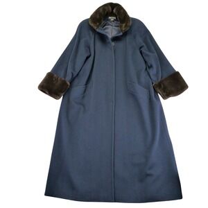 Steve Searle Women's Navy Blue Wool Blend Faux Fur Collar Long Coat Size 4 Small